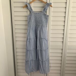 J. Crew Blue and White Striped Tiered Smocked Midi Dress XS